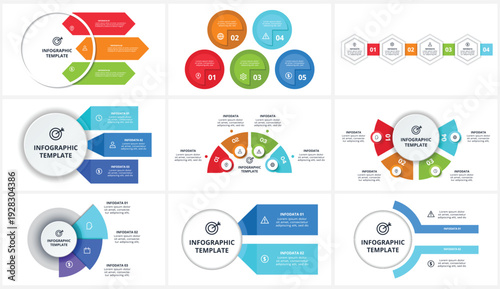 Set infographic with 2, 3, 4, 5 steps, options, parts or processes. Business data visualization.