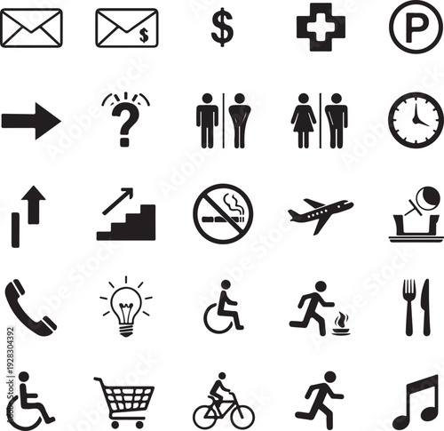 Web business and finance icon set with black vector symbols of technology, money, bank, calculator, laptop, phone, camera, and media elements