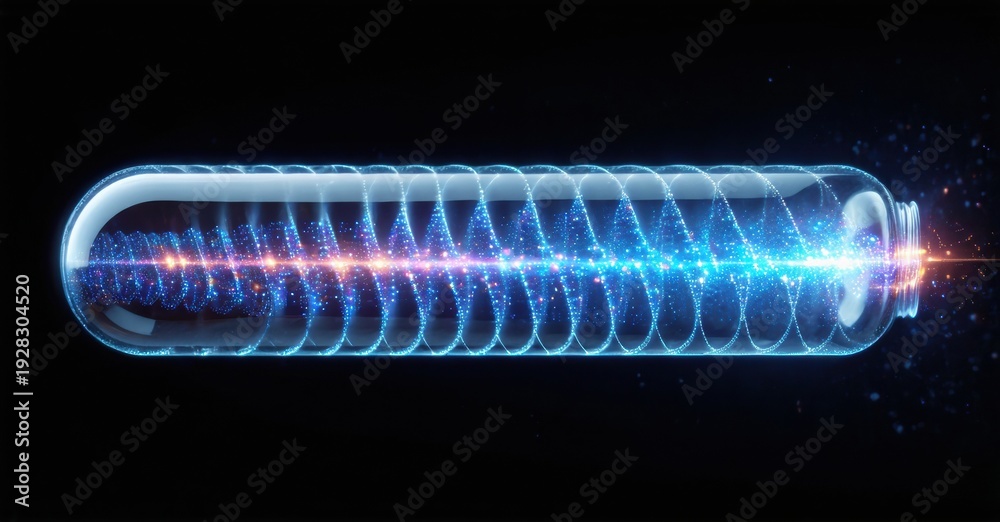 Fototapeta premium Glowing cylindrical structure contains vibrant energy waves. Blue, red light emanates from within, creating dynamic visual effect. Futuristic concept.