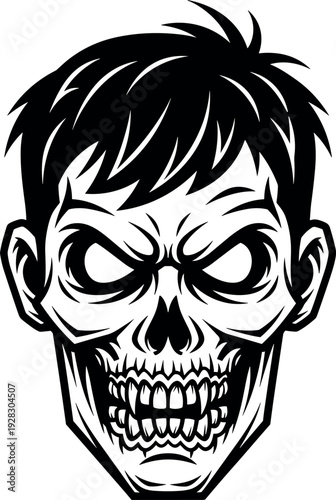 Angry Skull Head Mascot Logo Black and White Horror Vector Illustration