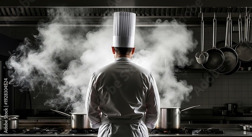Chef standing in commercial kitchen with steam rising from pots