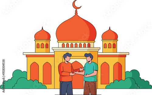Flat Vector Illustration of Two Muslim Men Exchanging Gift in Front of Mosque for Eid Mubarak Islamic Celebration