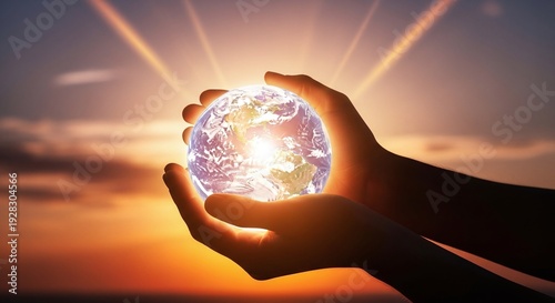 Hands gently holding a glowing earth against a vibrant sunset sky symbolizing care and protection.