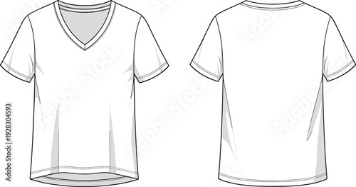 Blank white short sleeve v neck tee shirt vector flat sketch template front and back view fashion technical drawing mockup.