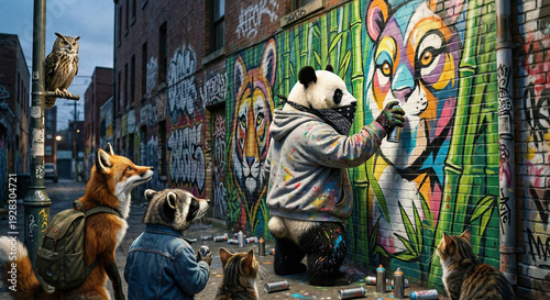 Street art scene with animals observing a panda painting a colorful mural in an urban alley during the day