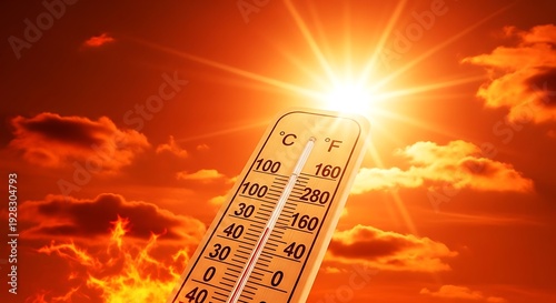 Thermometer showing high temperature against sunny sky with clouds