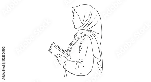 A minimalist line drawing depicts a woman in a headscarf reading a book creating a striking silhouette