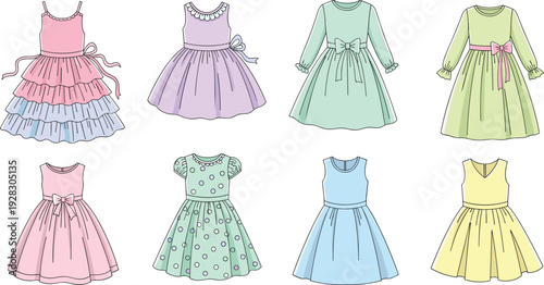 Pastel girls dress collection elegant kids party and casual frocks with bows lace and layered skirt vector set