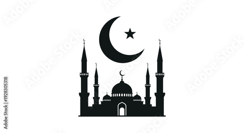 A striking black silhouette of a mosque with a crescent moon and star representing islamic faith silhouette