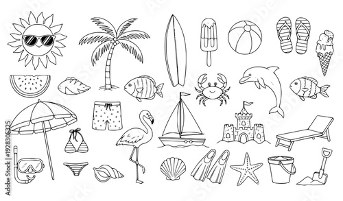Summer Time Vector Clipart Set Animals Plants Clothing Food Hand Drawn