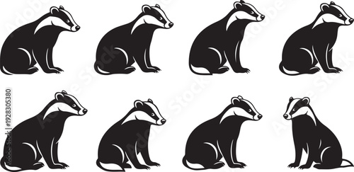 A collection of badgers in various sitting positions against a white background