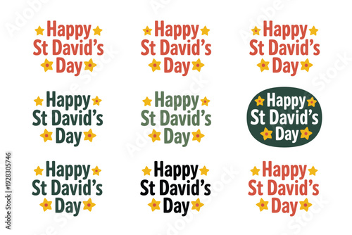 St David's Day stickers with happy text and yellow stars
