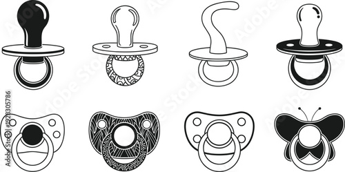 Baby pacifier vector icon set, black and white infant soother silhouettes and outline designs, dummy collection isolated background