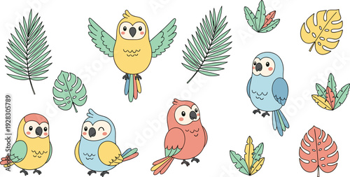 Cute tropical parrot cartoon collection with palm and monstera leaves colorful baby birds vector illustration set