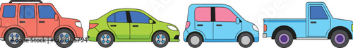 Vector Illustration of Different Colorful Cars Including SUV, Sedan, Hatchback, and Pickup Truck