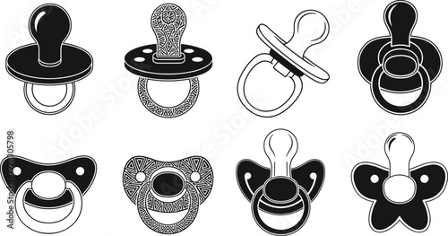 Baby pacifier icon set vector illustration, black and white infant soother silhouettes, dummy collection isolated on white background