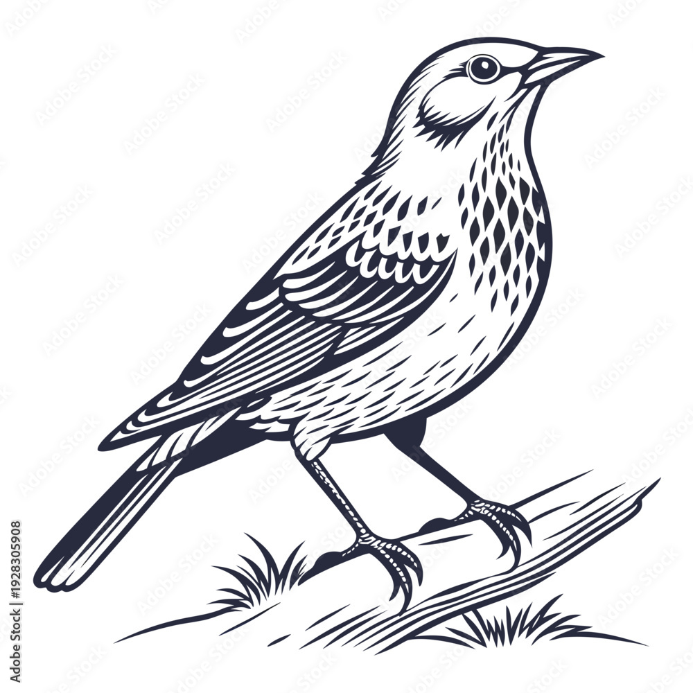 Obraz premium Black and white of a bird perched on a branch grass