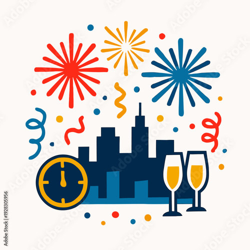 New Year city skyline celebration, fireworks bursts, clock countdown, champagne flutes
