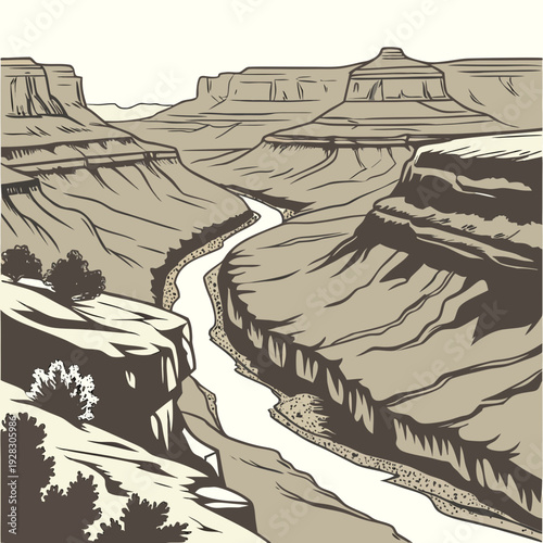 Monochromatic canyon landscape with winding river and rocky cliffs