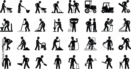 Construction workers silhouette set with tools and heavy equipment isolated on white background vector illustration