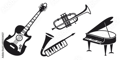 A collection of musical instruments including a guitar, saxophone, trumpet, and piano Vector