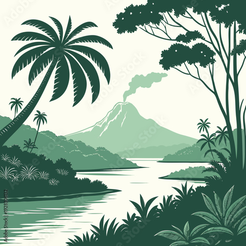 Green and white tropical island landscape with volcano