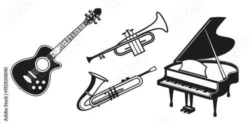 A variety of musical instruments including a piano, guitar, trumpet, and trombone Vector