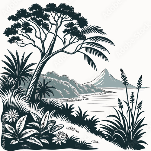Tropical coastal landscape with mountain and vegetation