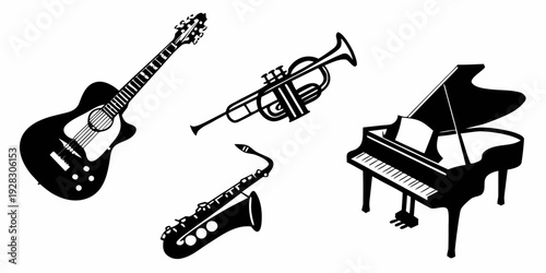 A collection of musical instruments including a guitar, trumpet, saxophone, and piano Vector