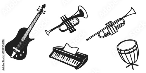 A collection of musical instruments including a guitar, trumpet, trombone, keyboard, and drum set. Vector
