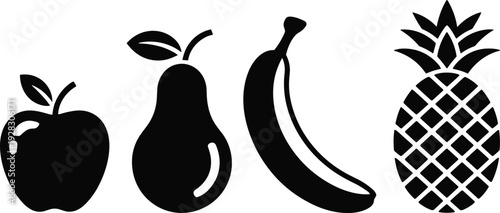 Black and white of an apple, pear, banana, and pineapple in a row fruit
