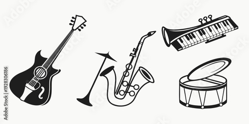 A collection of musical instruments including a guitar, saxophone, tambourine, and keyboard Vector