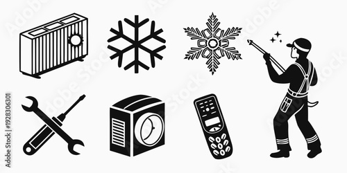 A collection of icons representing various tools, winter elements, and communication devices Vector