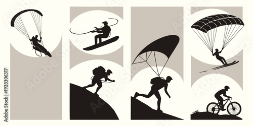 Extreme sports enthusiasts performing daring aerial maneuvers with various equipment Vector