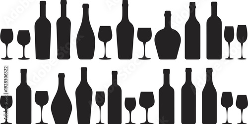 Black silhouettes of wine bottles and glasses arranged in rows on a white background