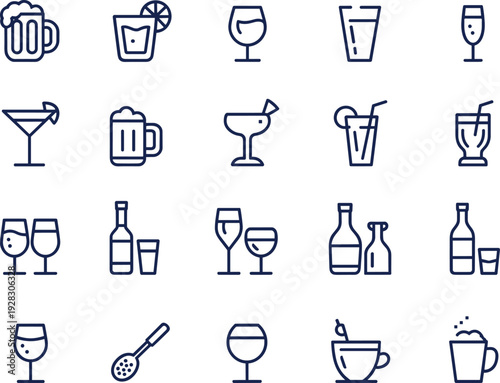 Drinks and beverage line icon set with beer, wine and cocktail isolated on white background
