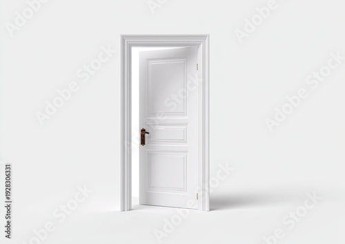 Ajar, white paneled door casting a soft shadow on a white background