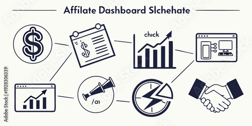 Diverse icons representing various aspects of affiliate marketing and business management. Vector