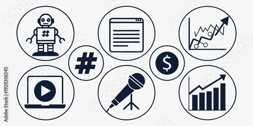 Icons representing various aspects of business and technology. Vector