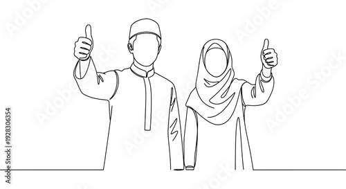 A minimalist line drawing depicts a muslim couple giving thumbs up a positive gesture silhouette high quality professional