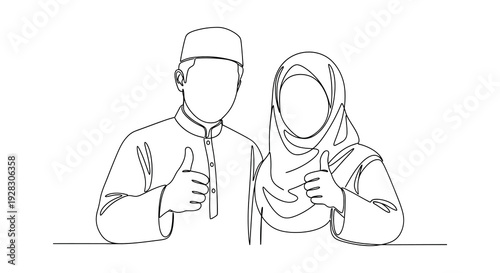 A continuous line drawing depicts a muslim couple giving thumbs up showcasing minimalist art style silhouette high quality