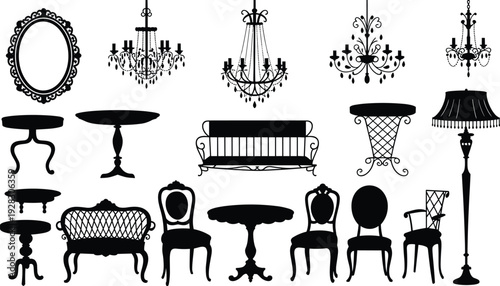 Black and white silhouettes of vintage furniture and decorative including chandeliers, tables, chairs, and lamps