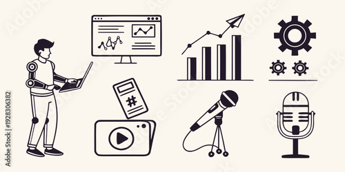 Businessman presenting data with various symbols around him Vector