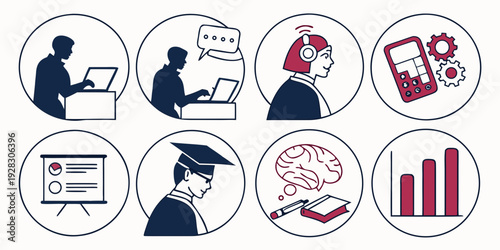 Diverse icons representing various aspects of education and learning. Vector
