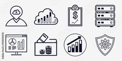 Icons representing various aspects of business and finance, including security and data analysis. Vector