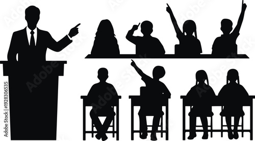 Teacher and students classroom silhouettes set, education lecture presentation with raising hands, school learning concept vector illustration