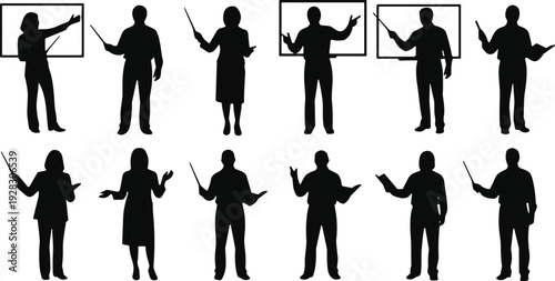 Teacher presentation silhouettes set, classroom lecture with pointer and board, education training concept isolated black vector illustration