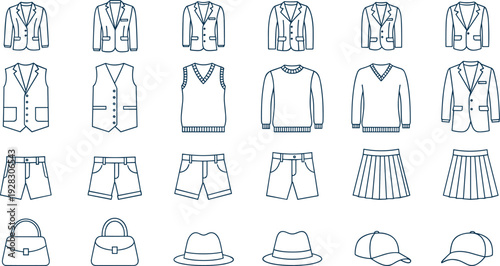 Clothing and Fashion Accessory Line Icon Set Featuring Men and Women Apparel Like Suits Vests Sweaters Shorts Skirts Handbags And Hats For Retail E-commerce Design