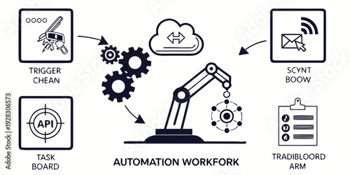Illustration of an automation ecosystem with various connected devices and services Vector