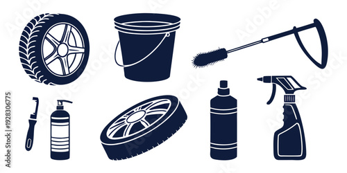 A variety of car cleaning tools and products arranged neatly together Vector